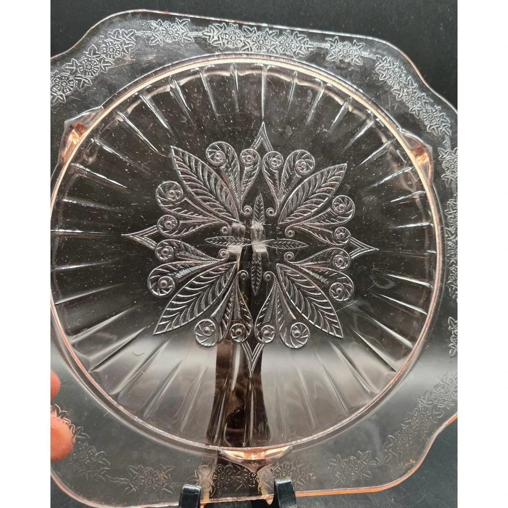 Federal Glass Pink Depression Glass Rosemary Dutch Rose Square Cake Plate 10